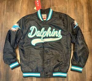 Ultra Game NFL Miami Dolphins Black Satin Bomber Varsity Jacket Size Small